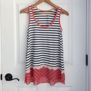 Striped tank top with red lace trim, sleeveless, round scoop neck